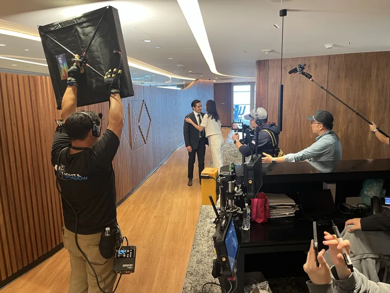 Camera, sound and lighting on set