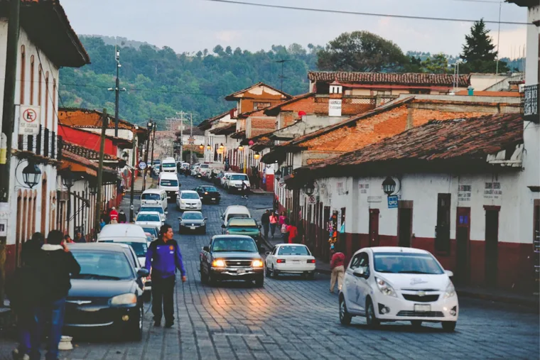 Cobblestone street and tiled roofs